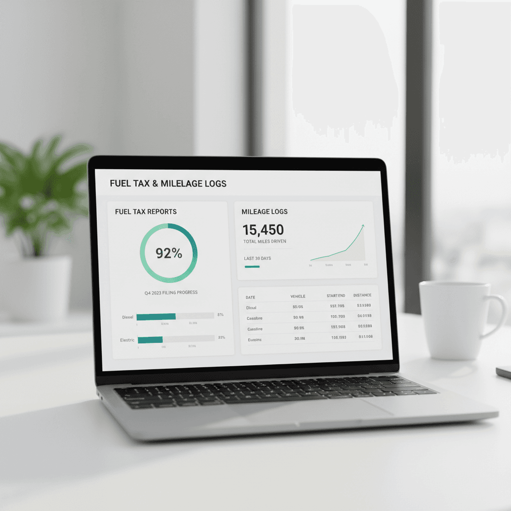 Laptop screen showing IFTA fuel tax reporting dashboard with mileage logs
