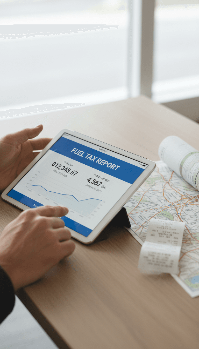 Trucking manager reviewing a fuel tax report on a tablet
