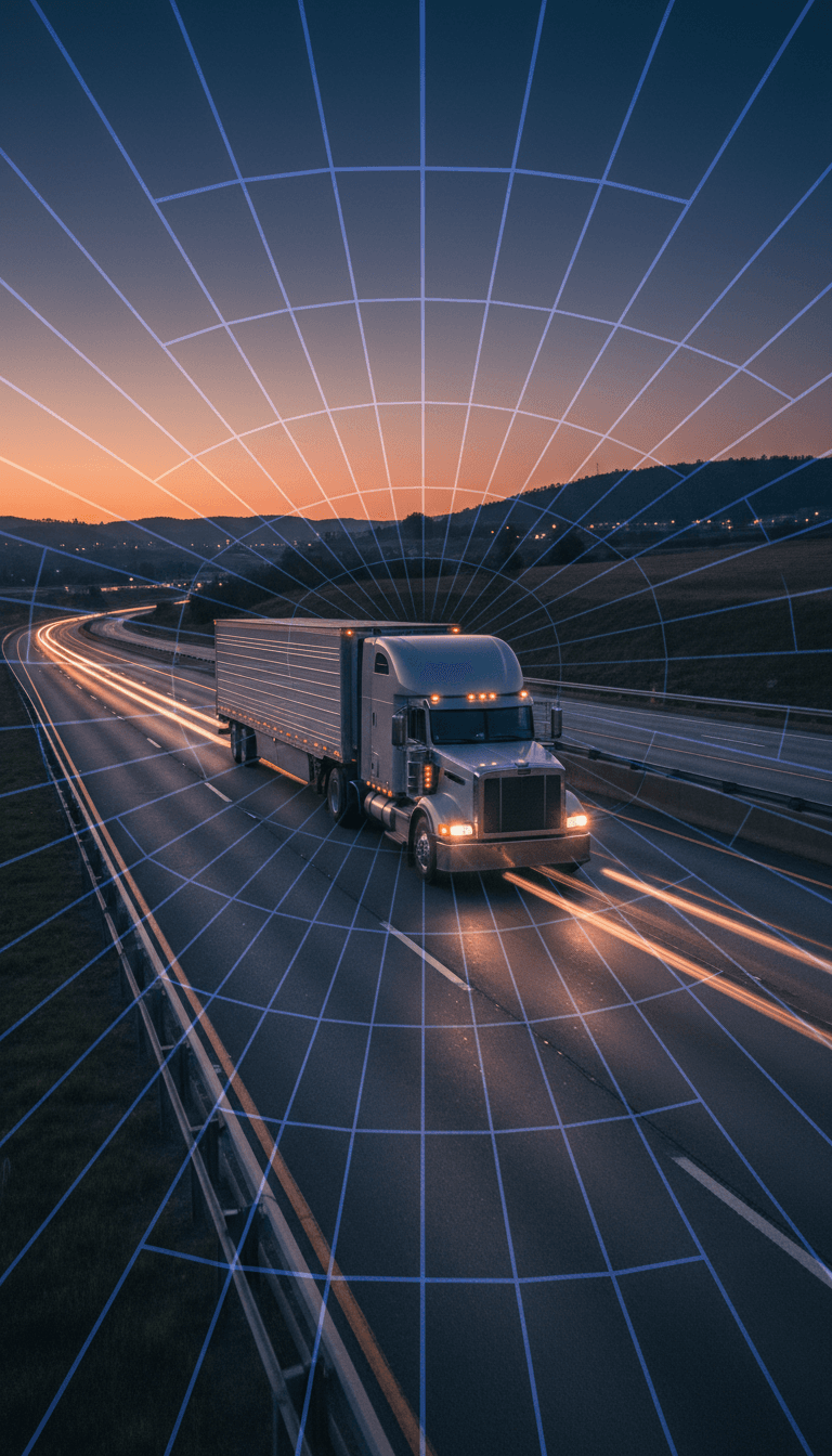 Semi-truck driving on highway at dusk