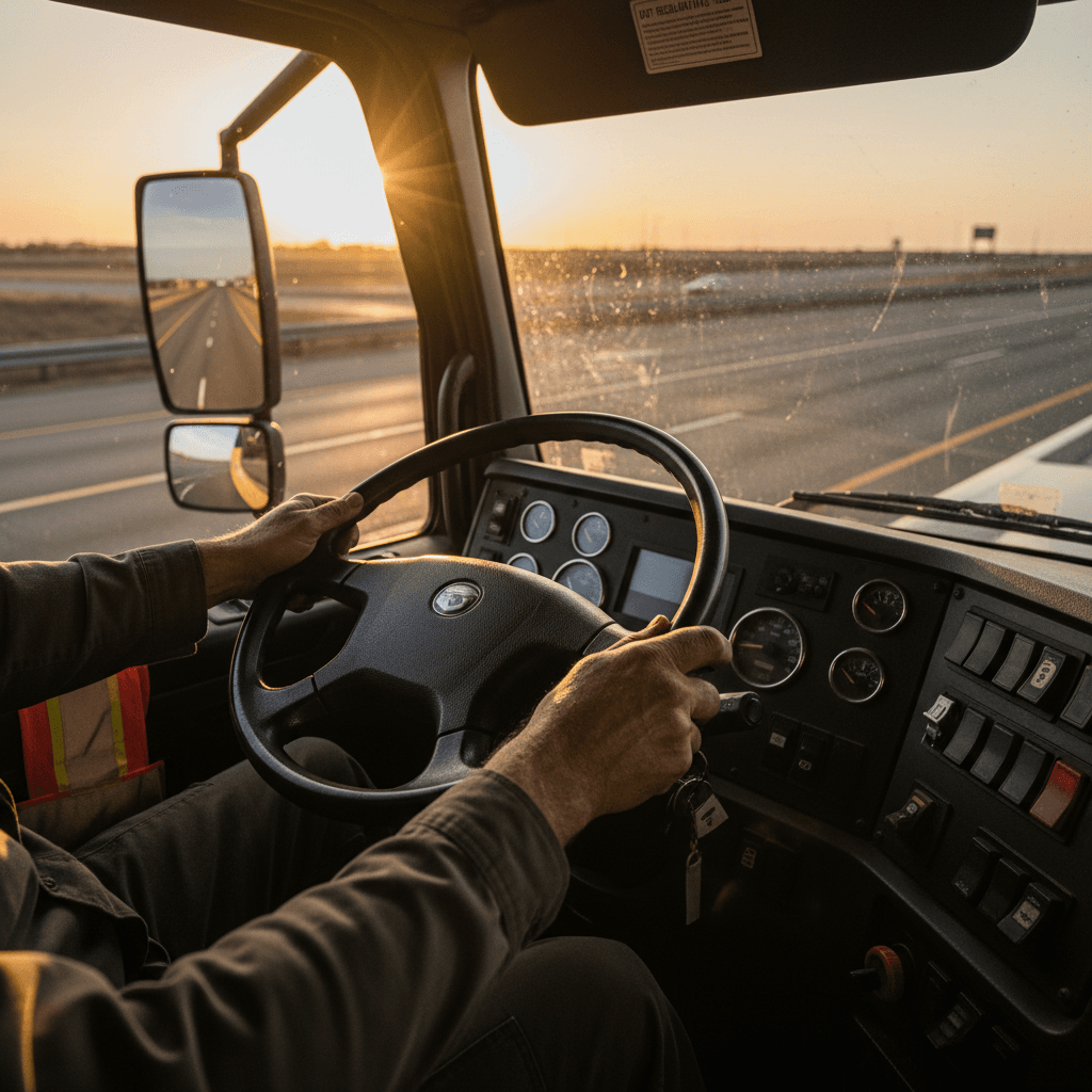 Semi-truck at a fueling station at dusk