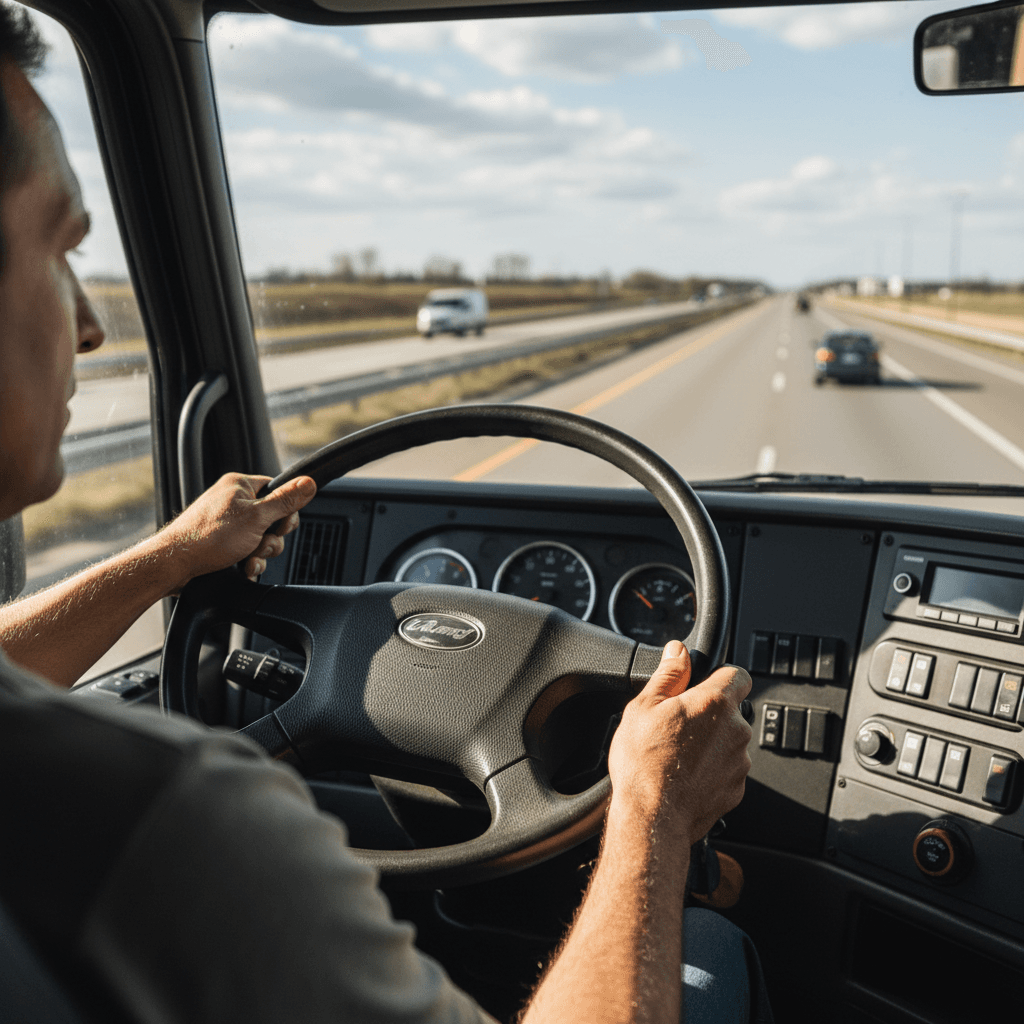 Truck cab dashboard with tablet showing tracking interface