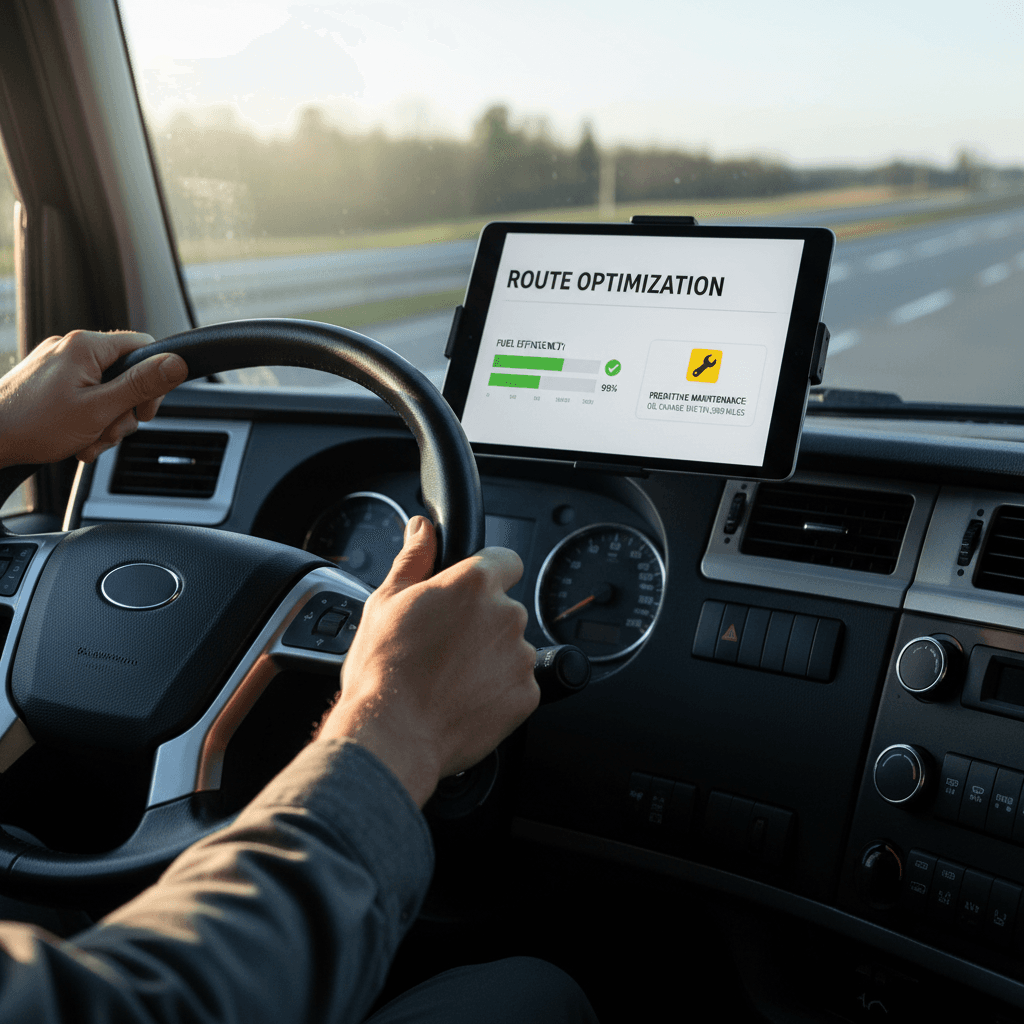 Truck driver reviewing a fuel log app on a tablet in the cabin