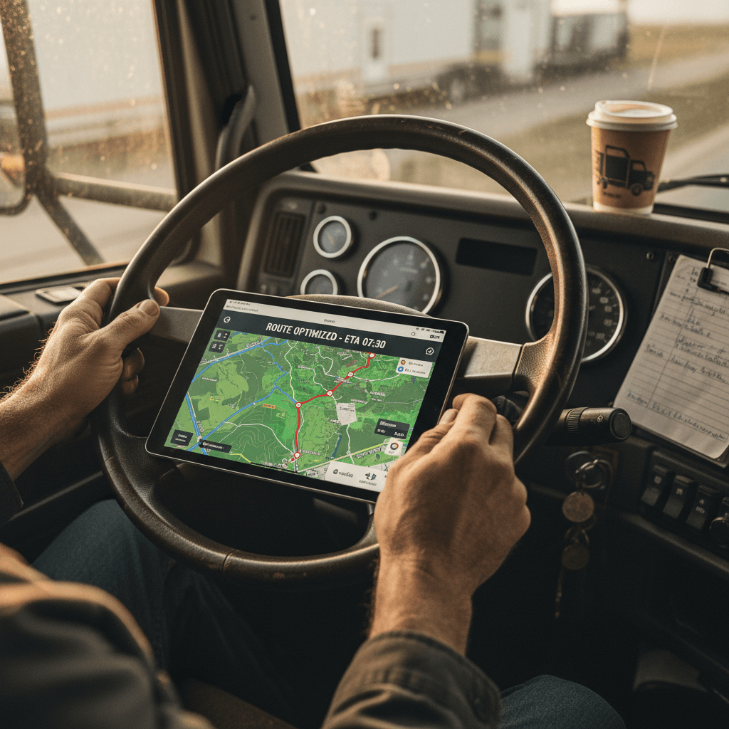 Truck driver's hand holding a fuel receipt beside a digital mileage log on a tablet