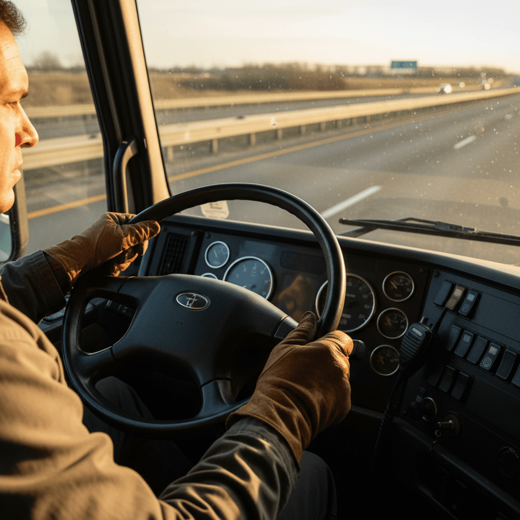 Commercial semi-truck at a scale house viewed from a low angle